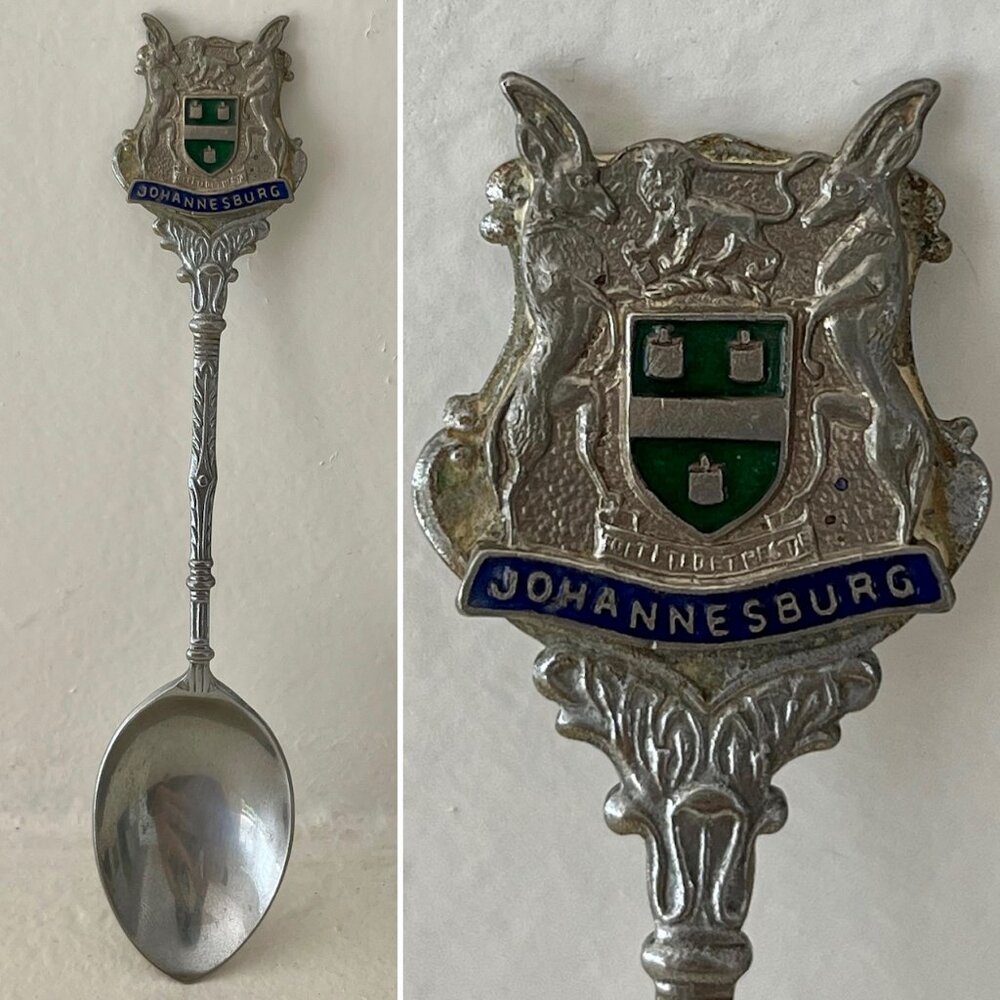 Johannesburg S Africa Antelope Crest Chrome Green Blue VTG Souvenir Travel Spoon